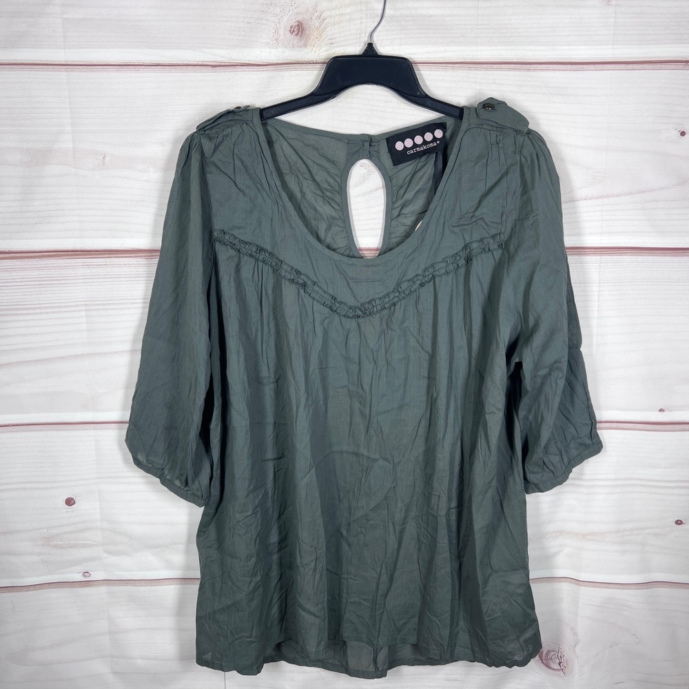 Carmakoma Blouse Women 22 Green Keyhole Back Ruffle Trim 3/4 Sleeve Cotton Blend
